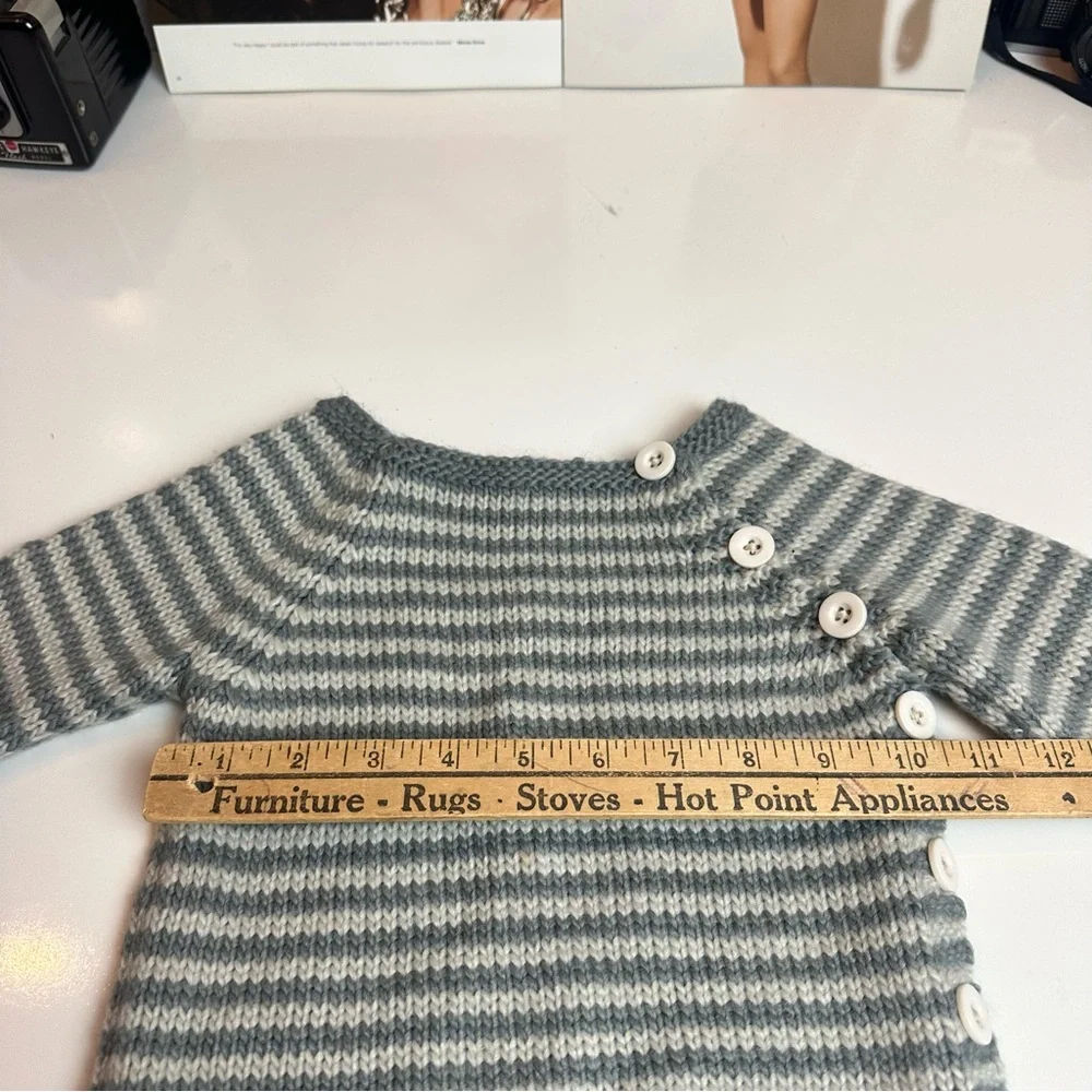 Hand-Knit Baby Sweater | Gray White Stripe · Button Shoulder · 6–9M